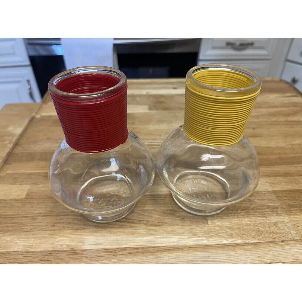 Vintage McKee Glass Diner Coffee Carafes Set 2 Red, Yellow Trim 1.5 Cup USA